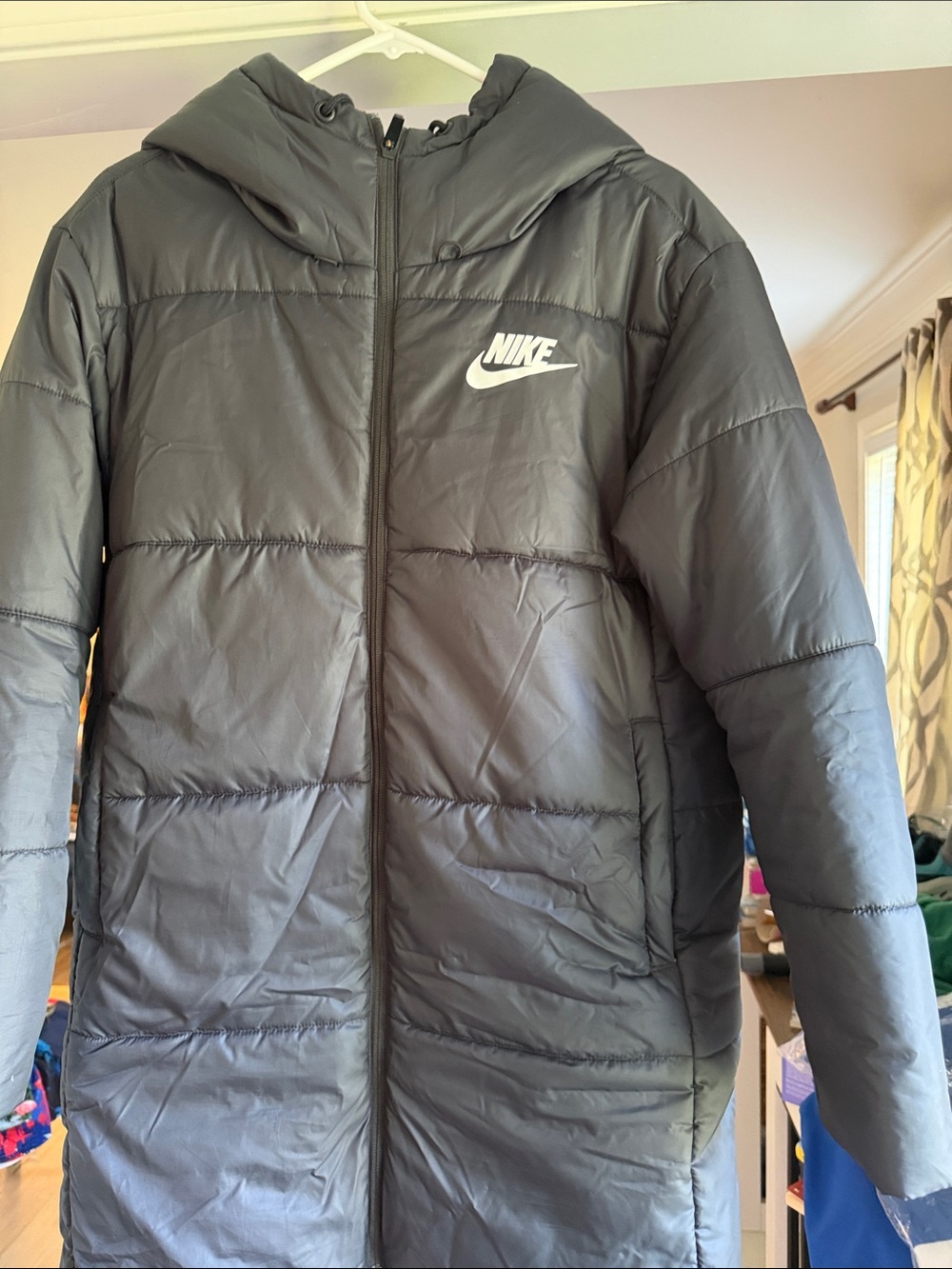 Nike Black Hooded womens Puffer Coat with White Logo
